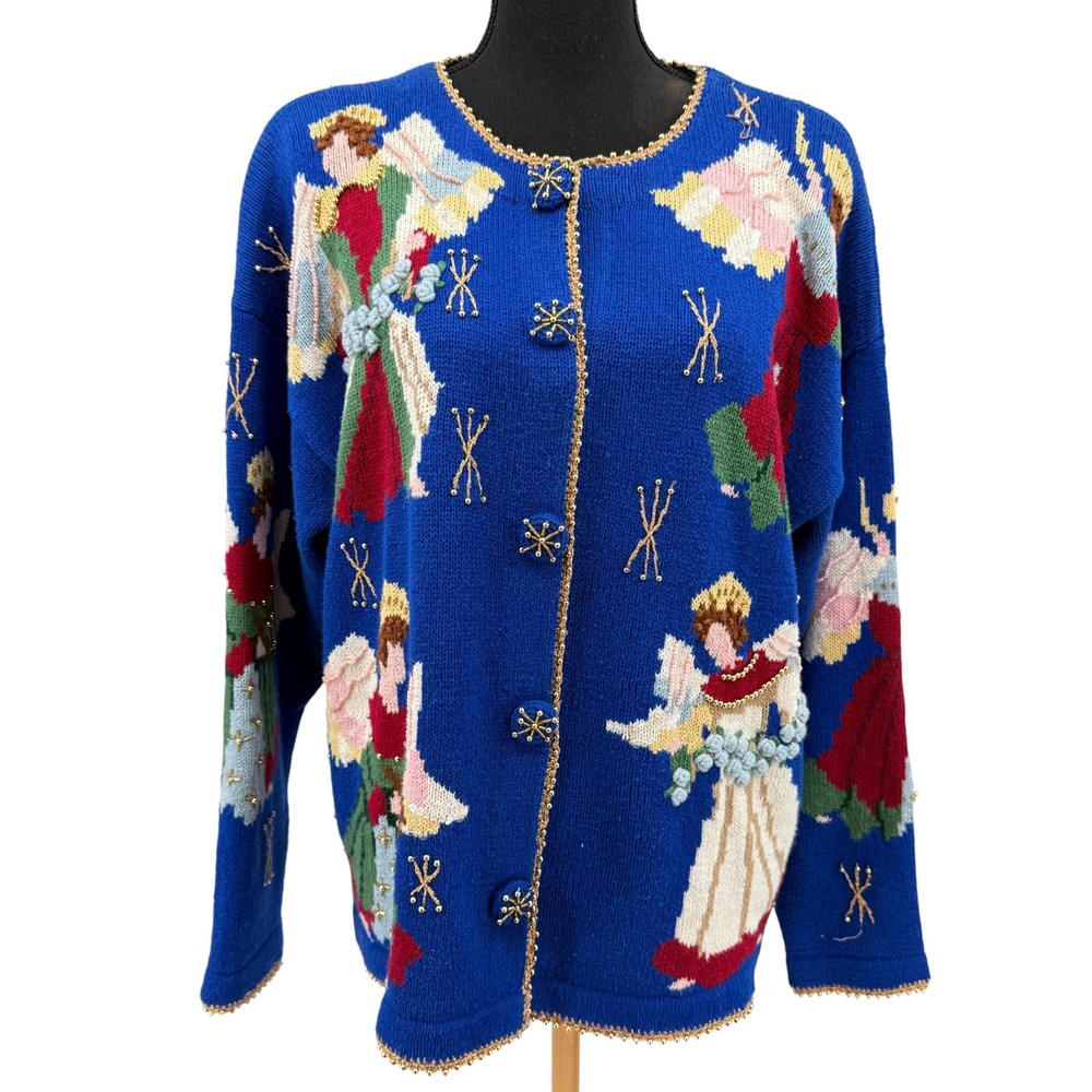 Belle Pointe Women's‎ Sweater Angel Christmas Cardigan Beaded Buttons Large
